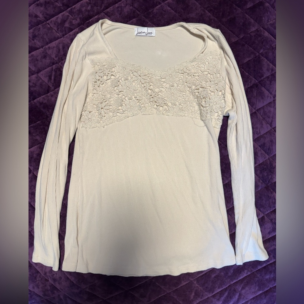 Lemon Love Ivory Lace Accent Long Sleeve Top